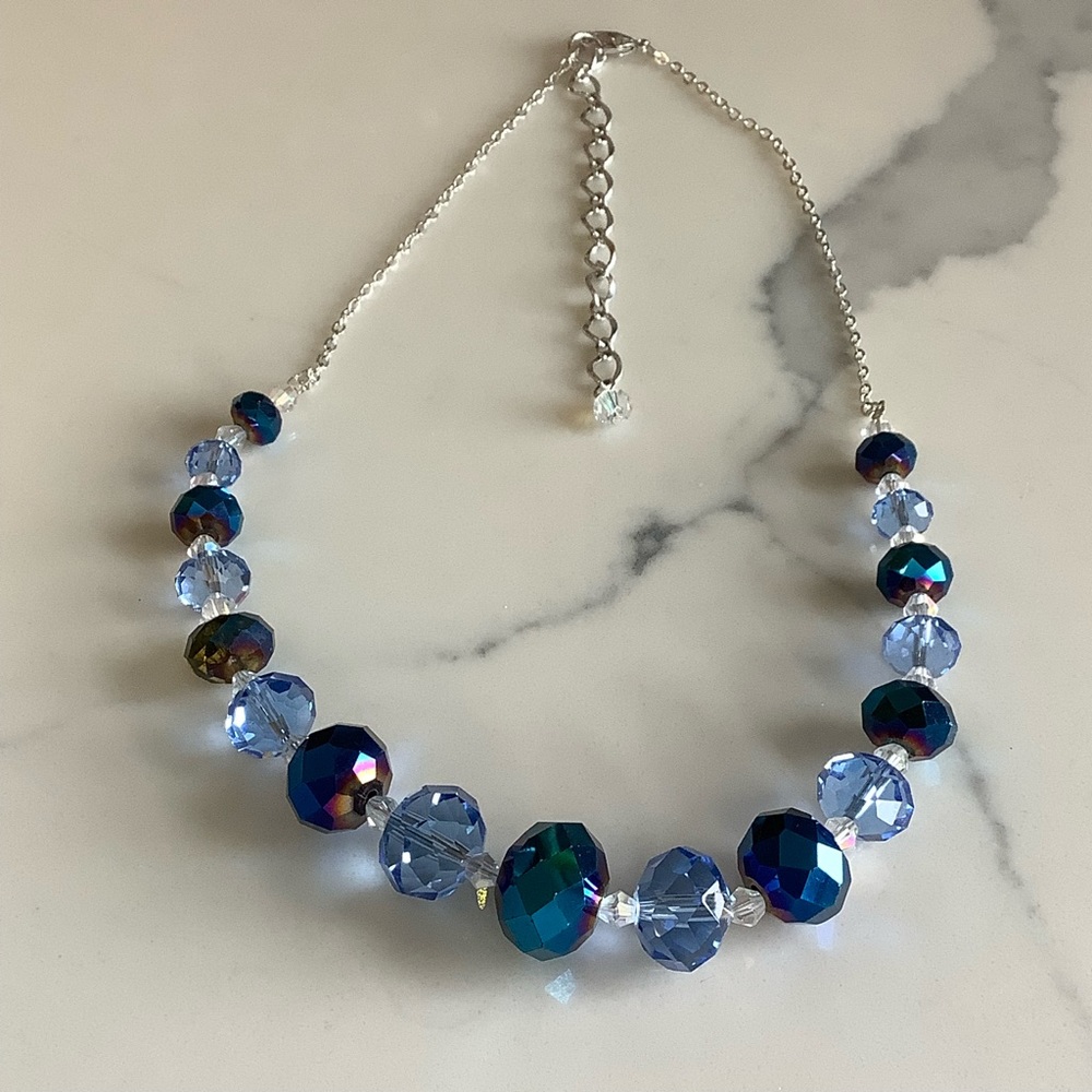 Graduating Blue and Clear Glass Beaded Necklace